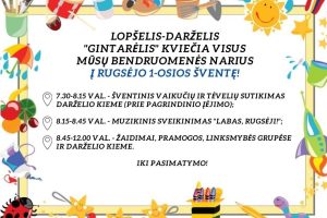 KVIETIMAS Į RUGSĖJO 1-OSIOS ŠVENTĘ ĮSTAIGOJE